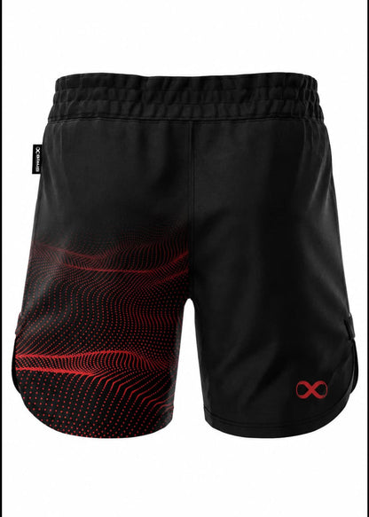 Black athletic shorts with a red dotted wave pattern on the left leg and a small red infinity symbol on the right leg, shown against a plain white background.