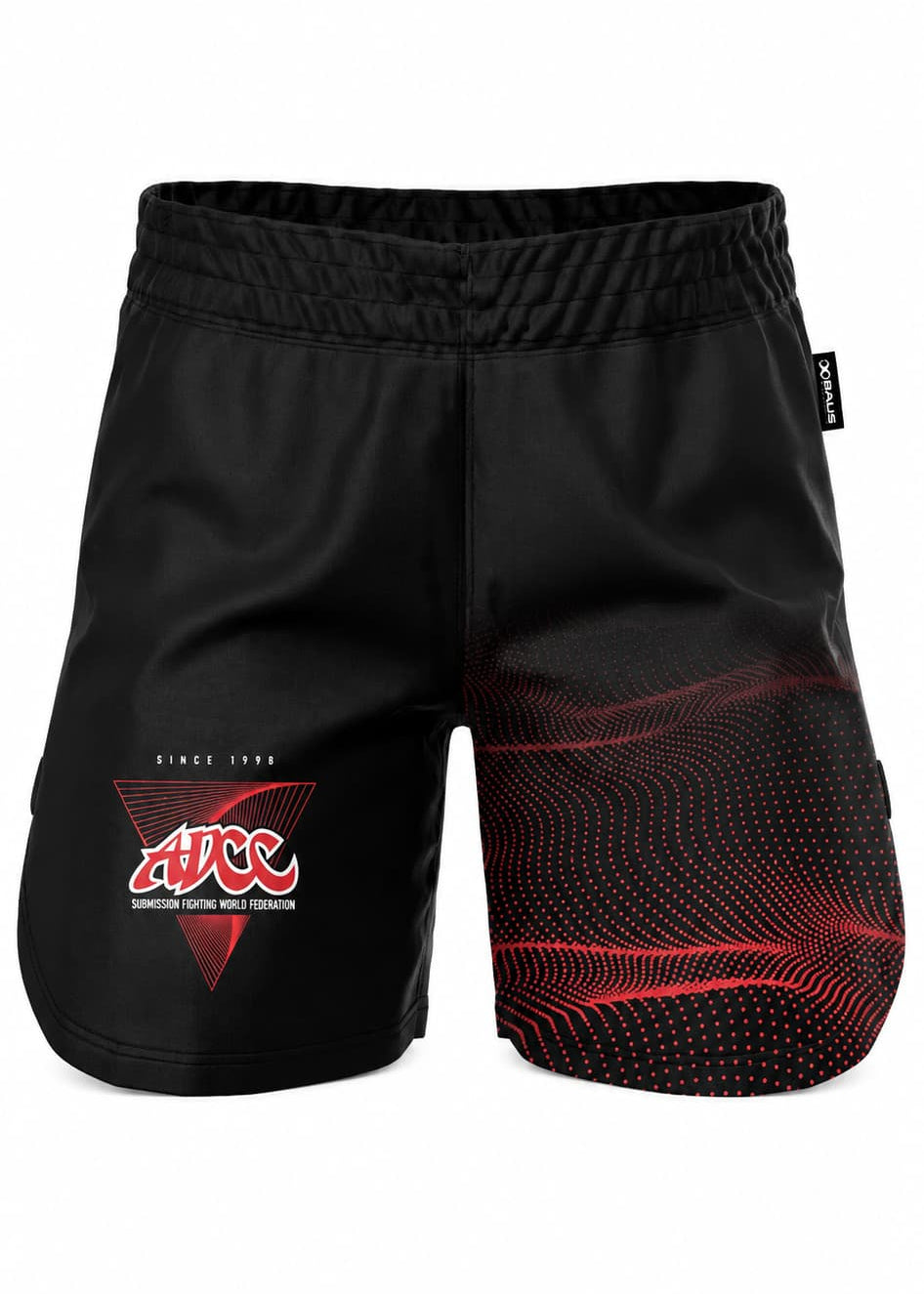 Black athletic fight shorts with a red and black dotted wave pattern on the right leg and a red triangular logo on the left leg, shown against a plain white background.